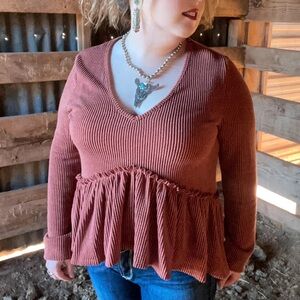 Rust Ribbed Peplum Sweater
